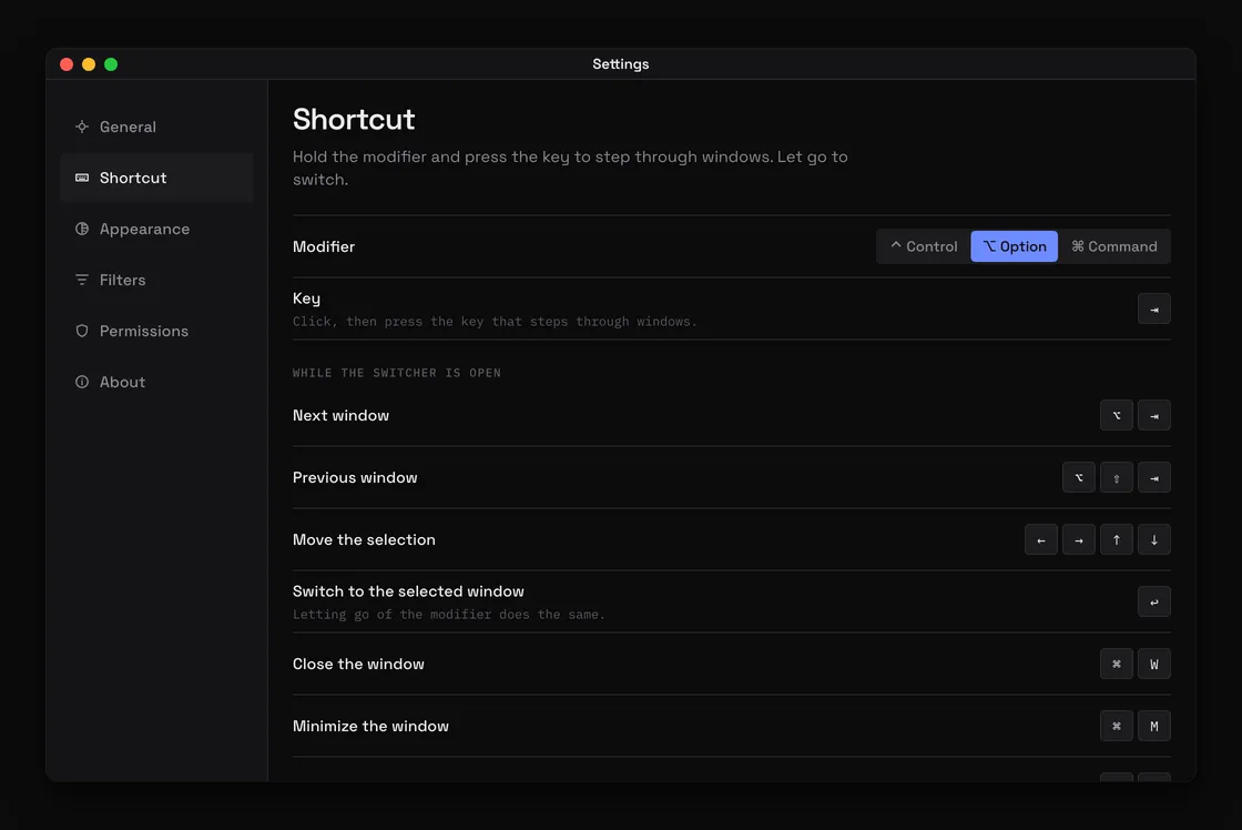 Shortcut settings in Simplify my AltTab: the modifier, the trigger key and every key that works while the switcher is open