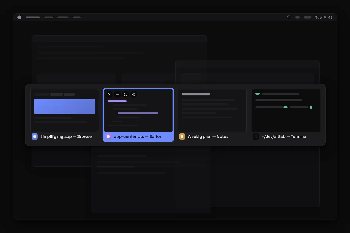The Simplify my AltTab switcher over a macOS desktop: four window previews in a row, the second one selected with its close, minimize, full screen and quit buttons showing