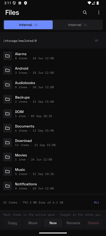 Files for Android showing internal storage in a two-pane layout