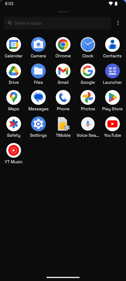 Launcher for Android app drawer with a search field and every installed app in a grid
