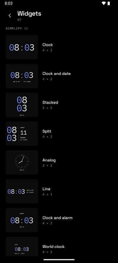 Launcher for Android widget picker listing the built-in clock widgets with live previews