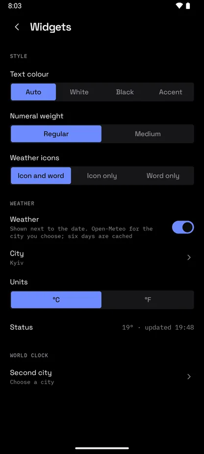 Launcher for Android widget settings: text colour, numeral weight, weather icons, city and units
