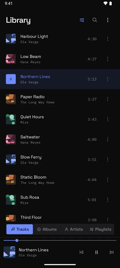 Player for Android showing the music library read from the phone