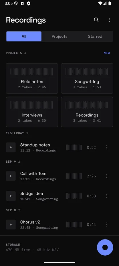 Recorder for Android showing saved voice recordings