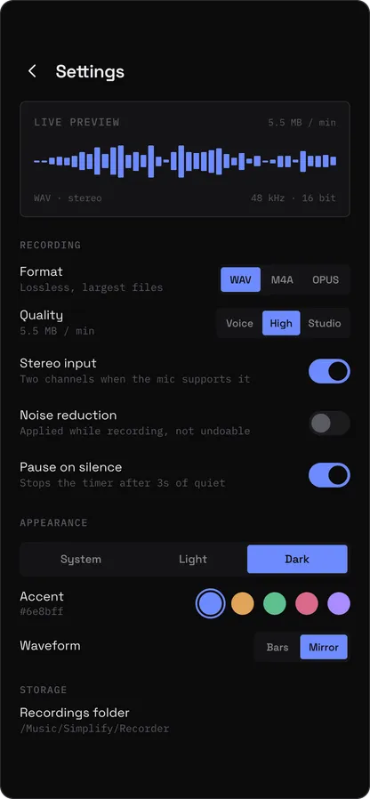 Recorder — settings